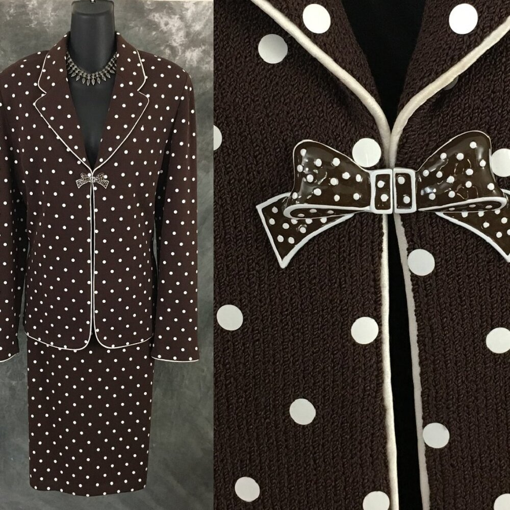 BEAUTIFUL st john couture knit brown white jacket skirt suit size 12